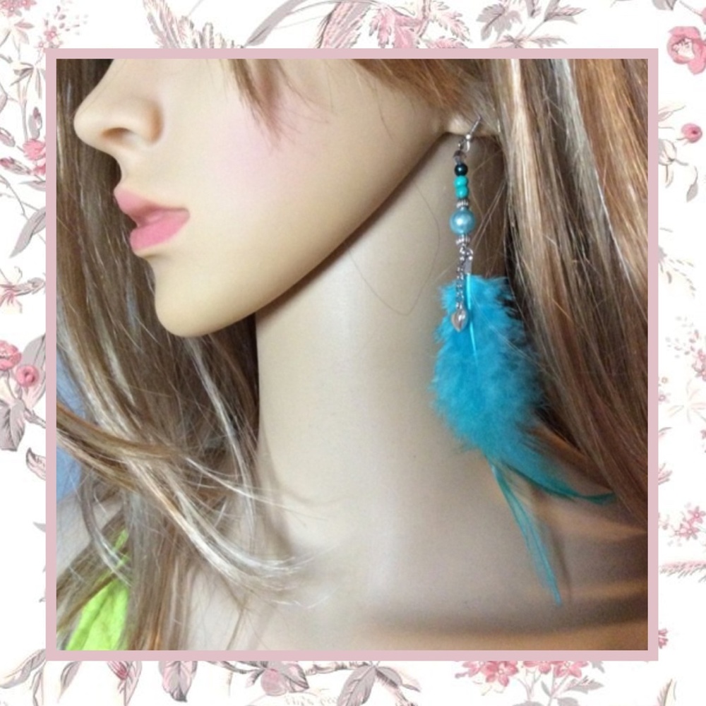 🌺 BEAD FEATHER EARRINGS BOHEMIAN BOHO GYPSY CHIC BLUE HOOK BOHEMIAN DANGLE DROP